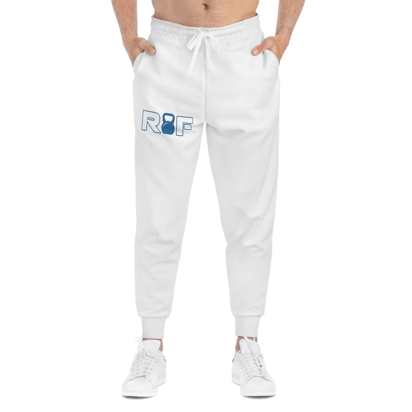 RF Blue Kettlebell Minimalist Logo White Athletic Joggers