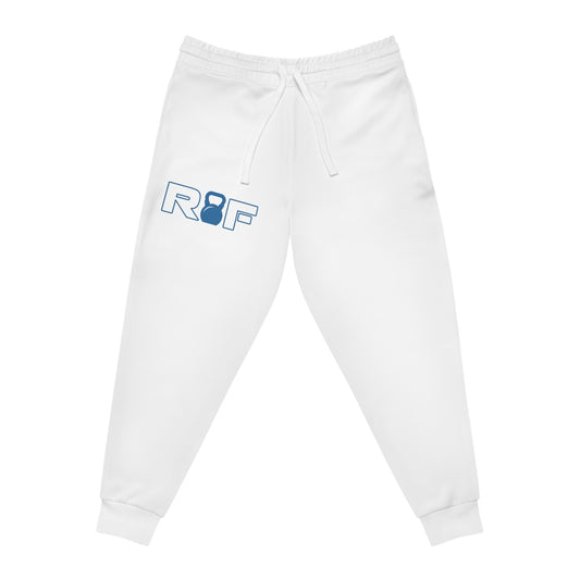 RF Blue Kettlebell Minimalist Logo White Athletic Joggers