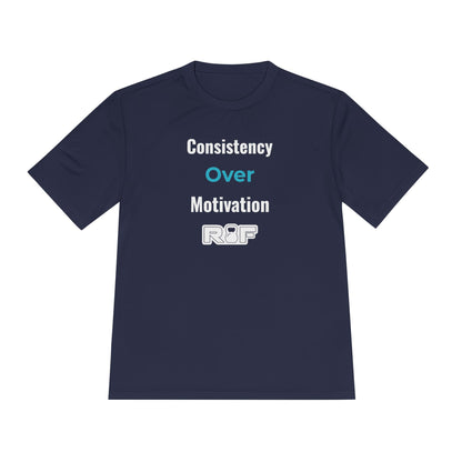 RF White Logo Consistency Over Motivation Workout Shirt