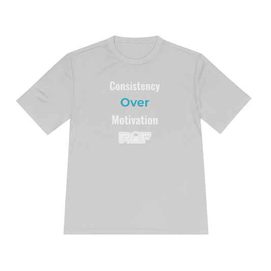 RF White Logo Consistency Over Motivation Workout Shirt