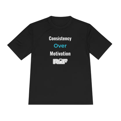 RF White Logo Consistency Over Motivation Workout Shirt
